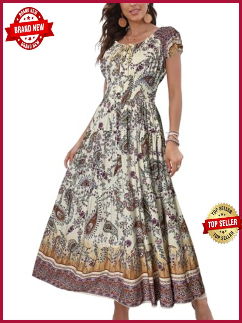 OSTOO Women's Maxi Dress Short Sleeve Boho Floral Tiered Casual Flowy Summer